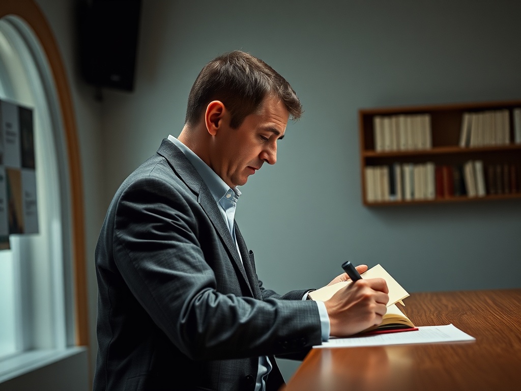 Мужчина в деловом костюме пишет в блокноте на столе в уютном помещении с библиотекой.
