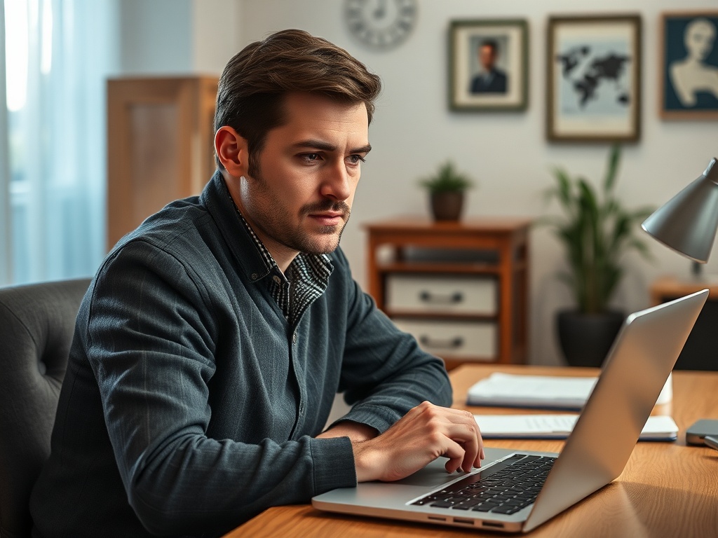 Мужчина за ноутбуком в уютном офисе, сосредоточенно работающий или изучающий информацию.
