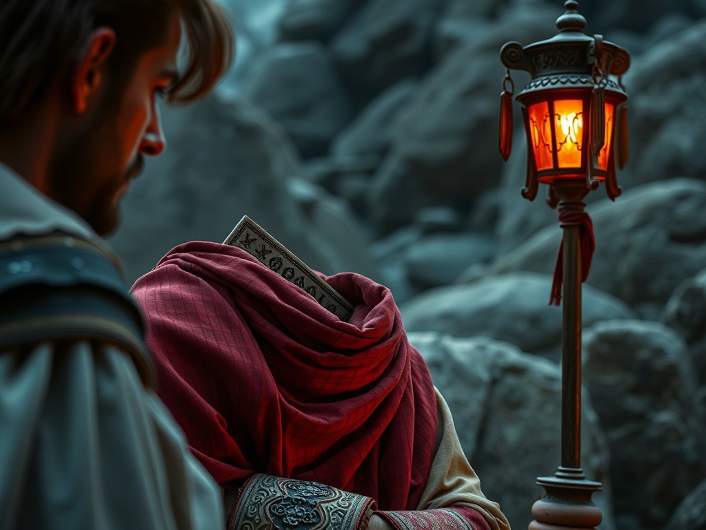 На изображении мужчина с фонарем и загадочный силуэт с книжкой в пёстром покрывале на фоне гор.