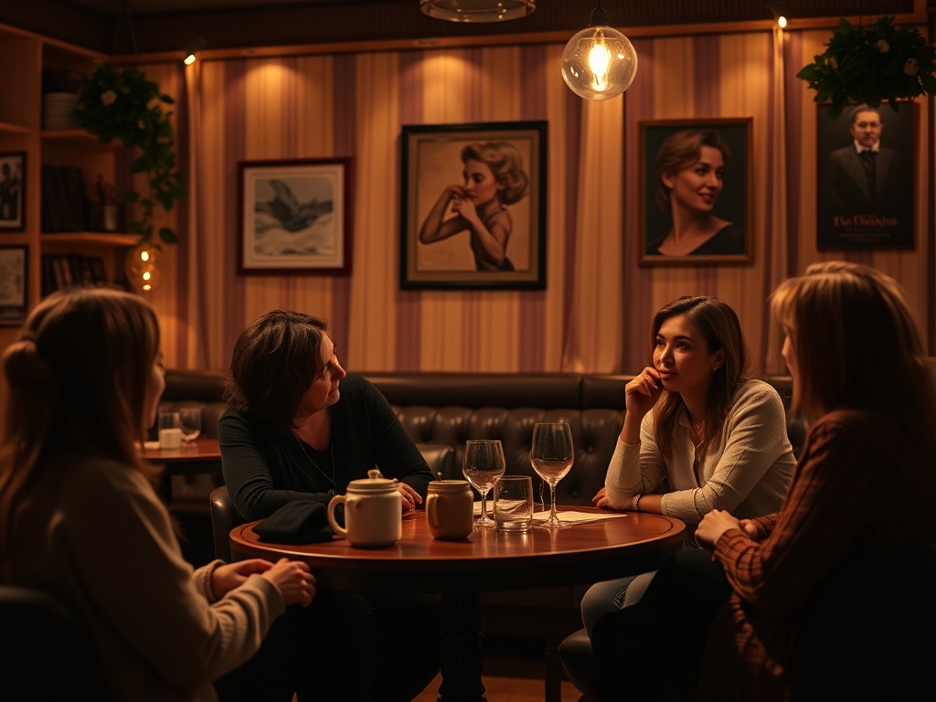 Четыре женщины беседуют за столиком в уютном кафе с художественными портретами на стенах.