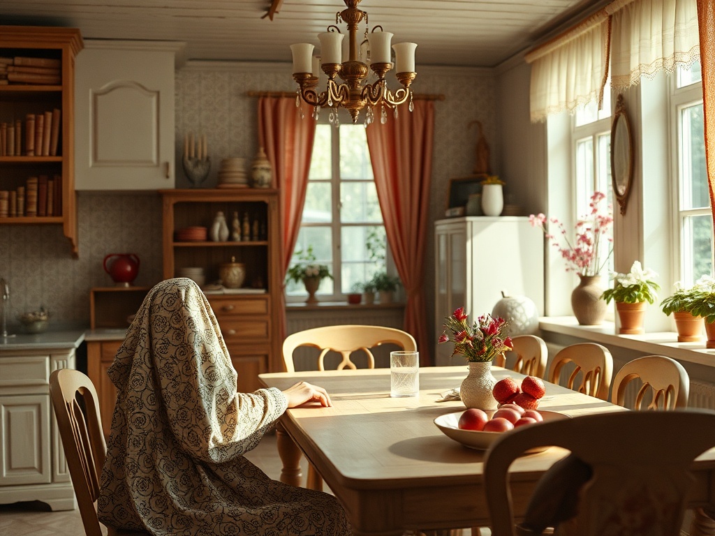 На кухне женщина в покрывале сидит за столом с цветами и фруктами. Светлое и уютное пространство.