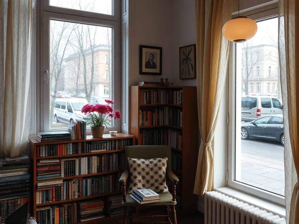 Уютный уголок с книжной полкой, креслом и цветами у окна, через которое видна улица.