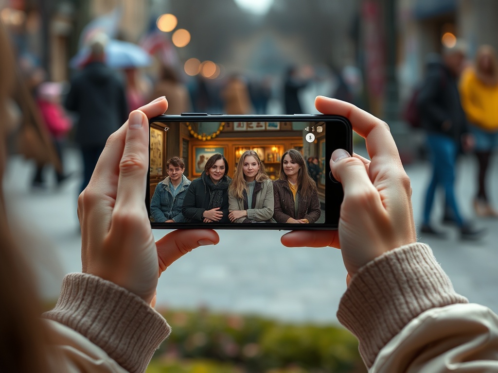 На изображении можно увидеть, как человек фотографирует группу друзей на улице.