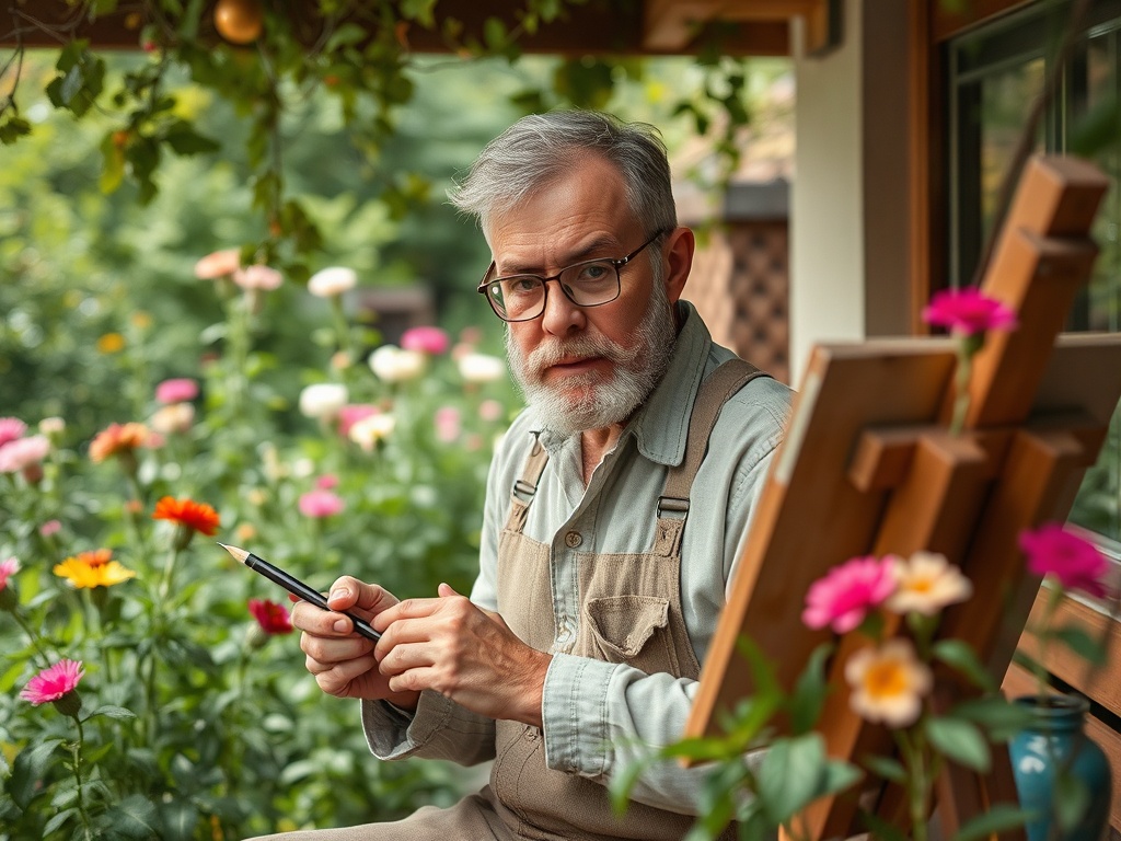 Пожилой художник сидит среди цветов, внимательно держит карандаш и смотрит в камеру.