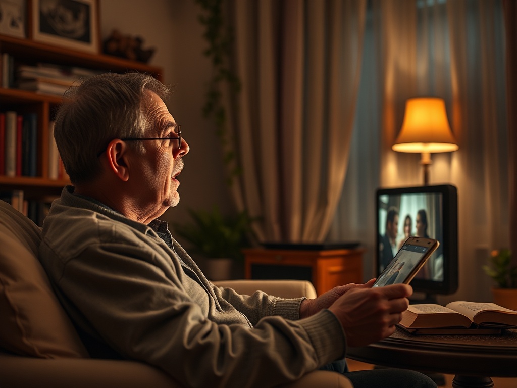 Пожилой мужчина сидит в кресле, разговаривая по телефону, с телевизором на заднем плане.