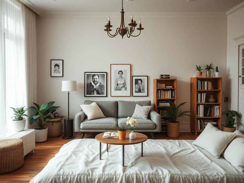 Современная гостиная с уютным диваном, книжными полками и зелеными растениями на фоне светлых стен.