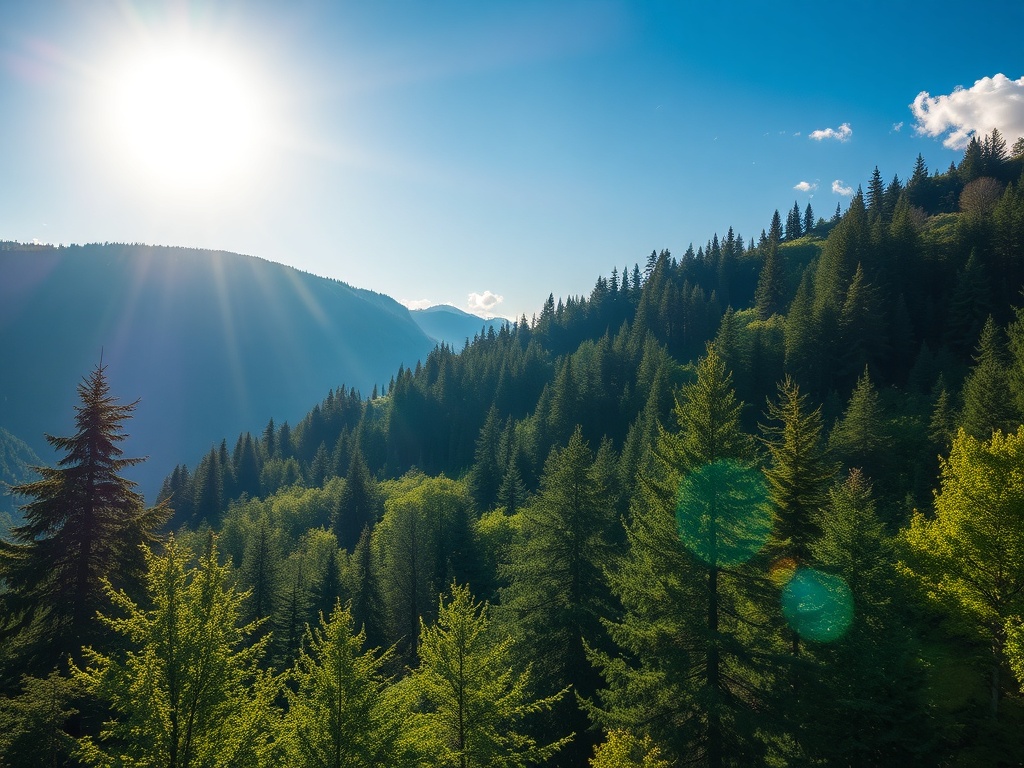Солнечный день на фоне гор, густой лес с хвойными деревьями и ярким голубым небом.