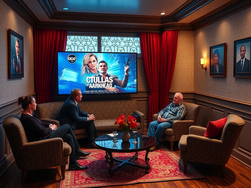 Два человека обсуждают фильм на экране, в комнате с красными шторами и картинами на стенах.