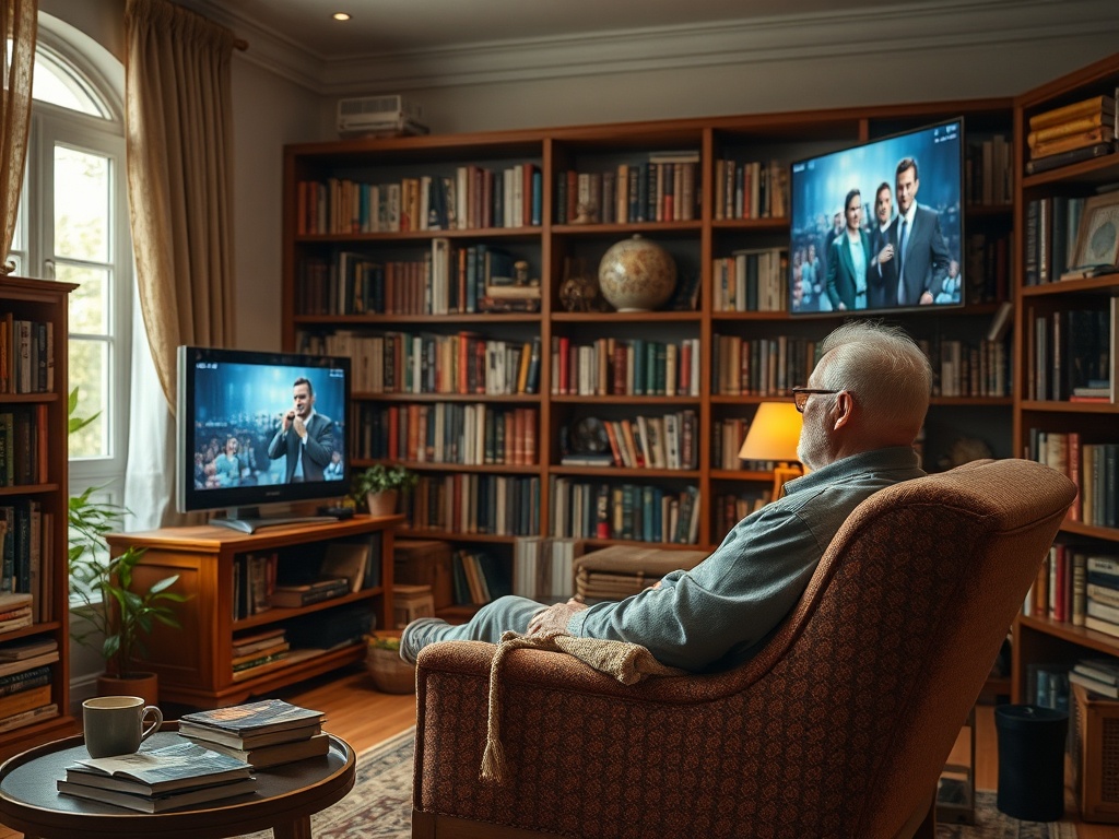 Пожилой мужчина сидит в кресле, смотря телевизор в уютной библиотеке с книгами.