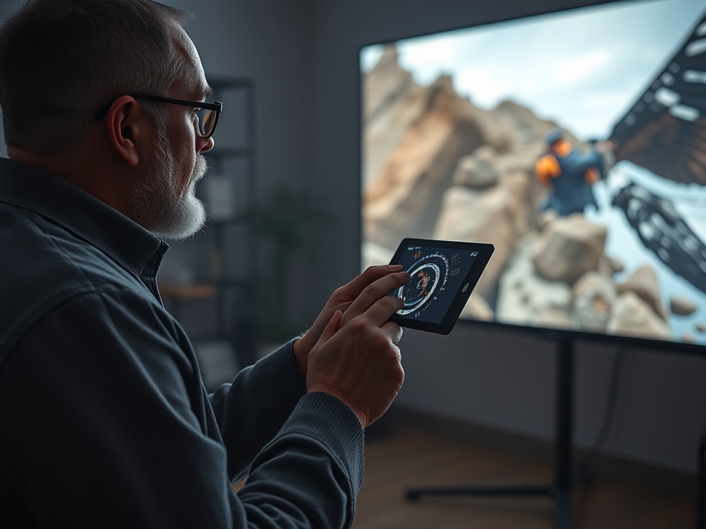 Мужчина с планшетом наблюдает за картинкой на большом экране, в комнате темно и уютно.