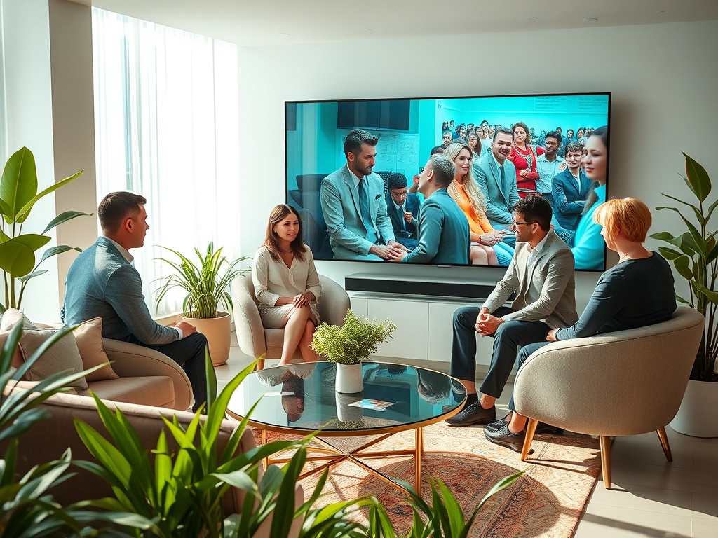Встреча в современном офисе. Люди обсуждают что-то на большом экране. Зеленые растения добавляют уют.