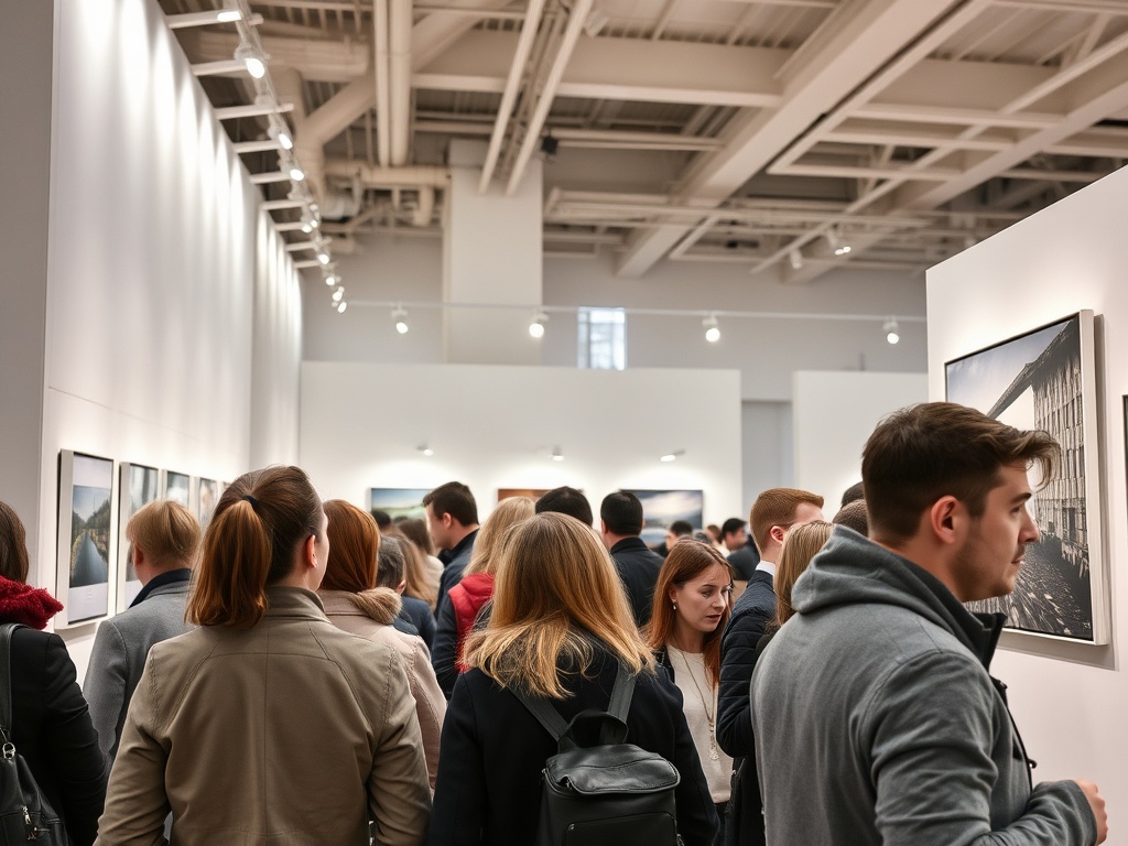 Посетители выставки рассматривают картины в светлом зале, наслаждаясь искусством и атмосферой.