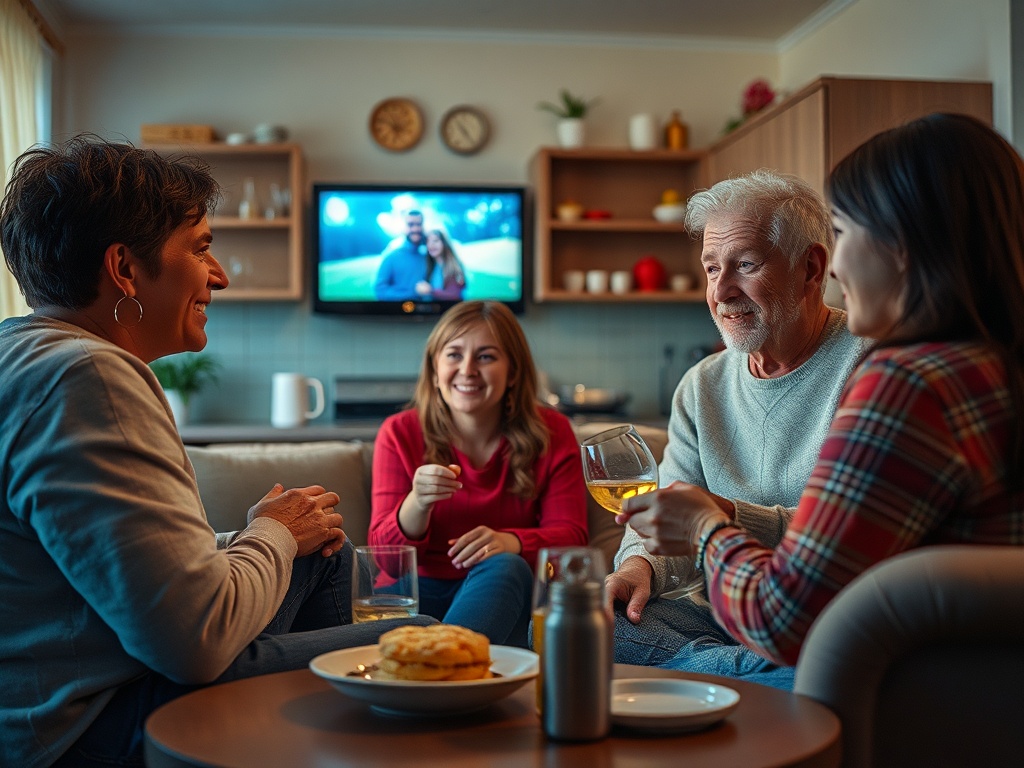 Четыре человека общаются, наслаждаются напитками и сладостями в уютной обстановке, на заднем плане телевизор.