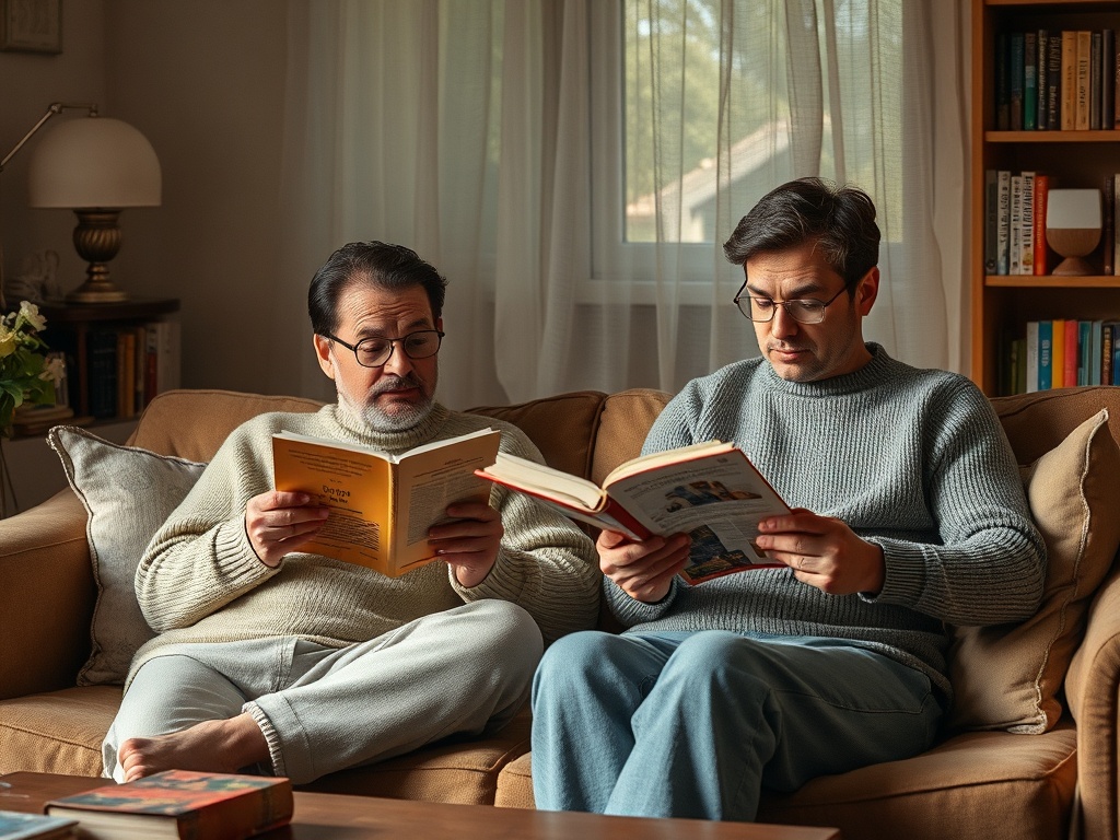 Два мужчины читают книги на диване в уютной комнате с книгами на полках и мягким освещением.