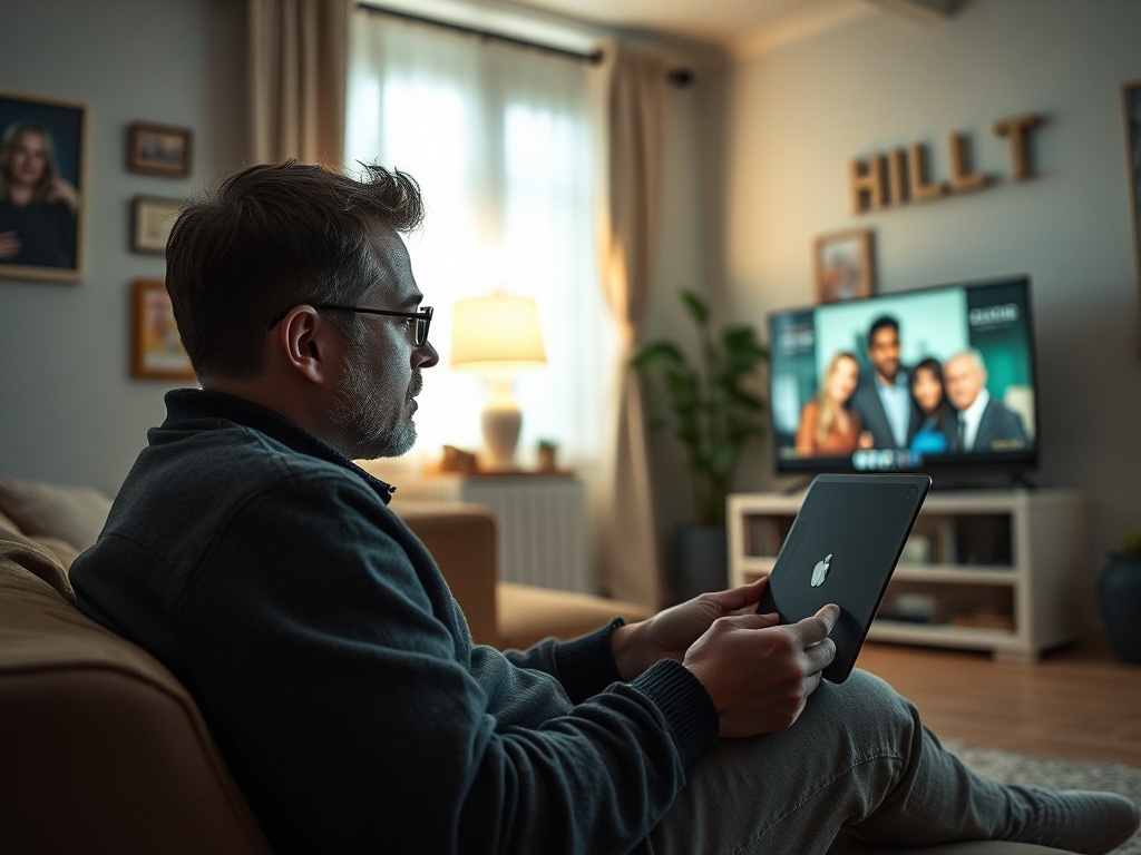 Мужчина сидит на диване с планшетом, смотрит телевизор в уютной комнате с мягким освещением.