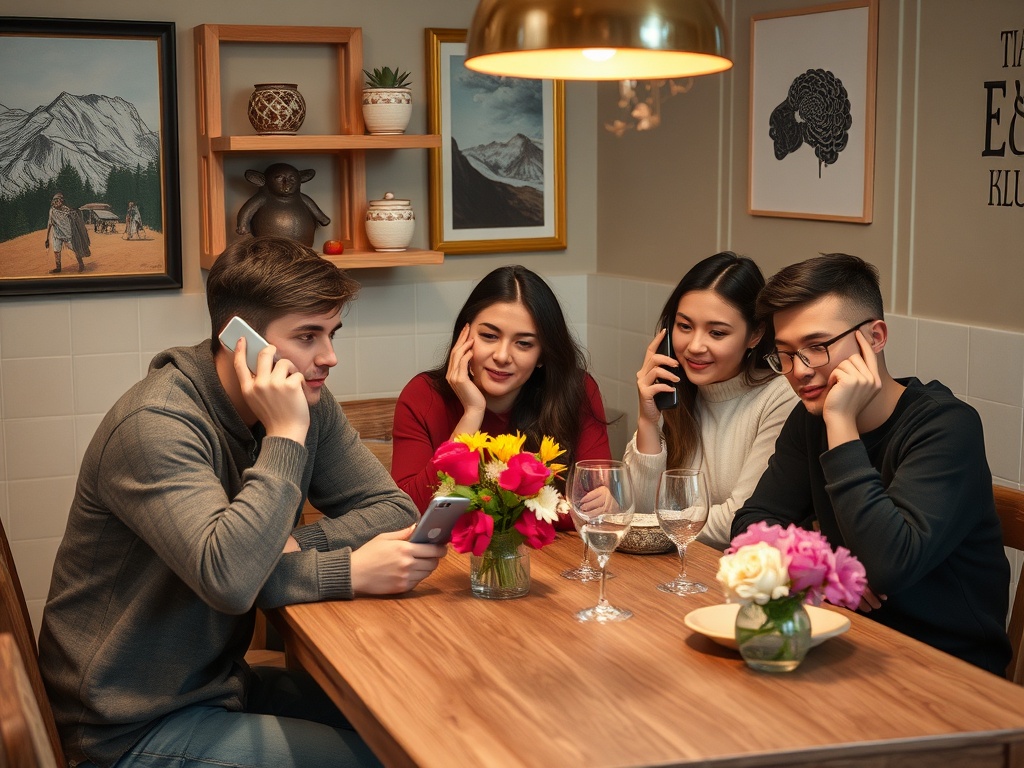 Четыре человека общаются по телефонам за столом, окруженные цветами и гроздьями. Дружеская атмосфера.