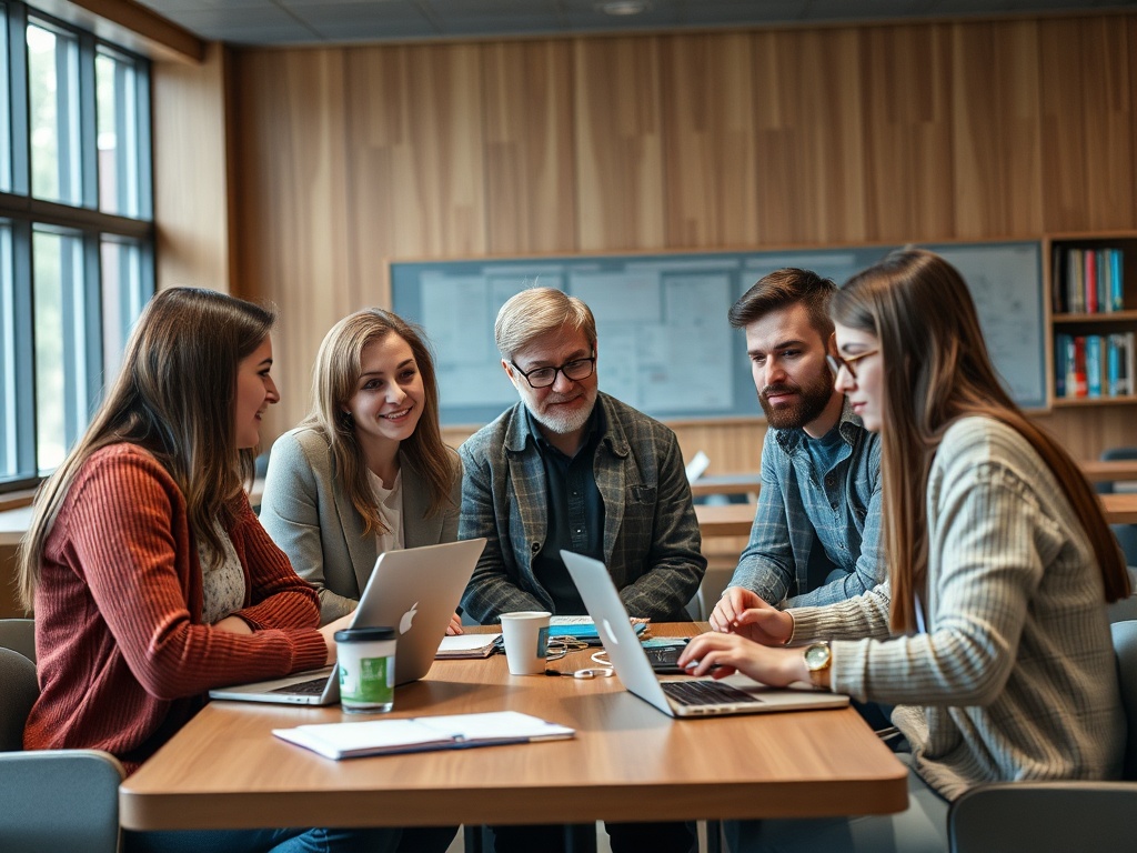 Группа людей работает вместе за столом, обсуждая идеи и изучая информацию на ноутбуках.