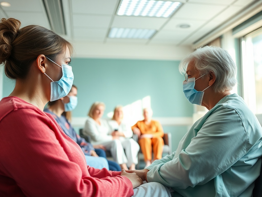 Женщина и пожилая медсестра в масках общаются в помещении с людьми на заднем плане. Атмосфера спокойная.