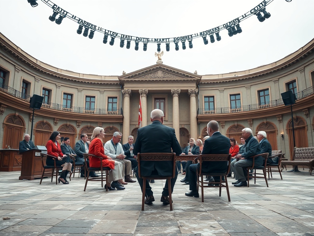 Группа людей обсуждает вопросы в круглой комнате с колоннами и сценой. Региональная политика и обсуждения.