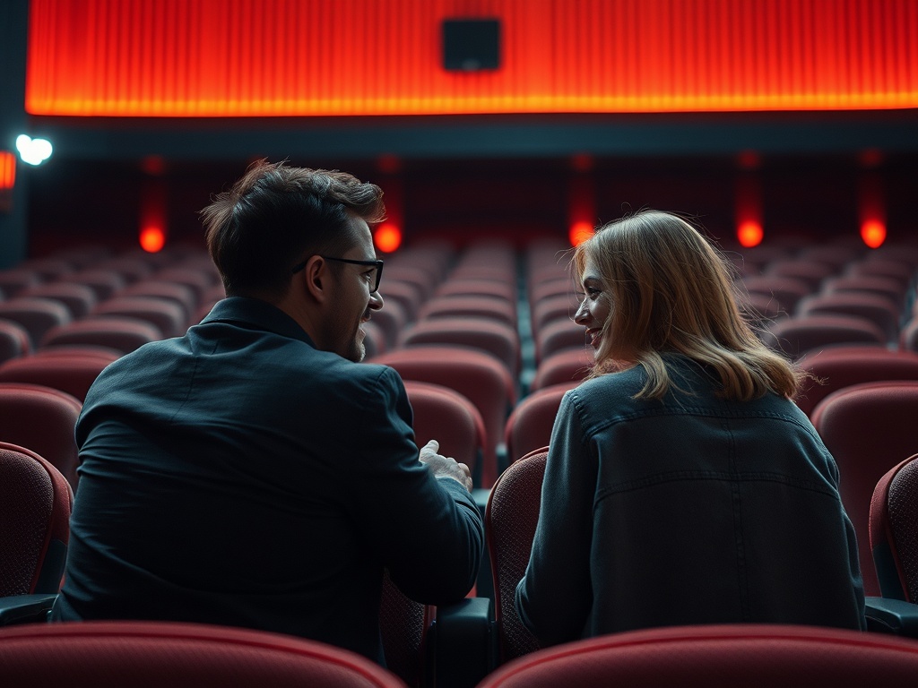 Два человека сидят в пустом кинотеатре и улыбаются друг другу при мягком свете.