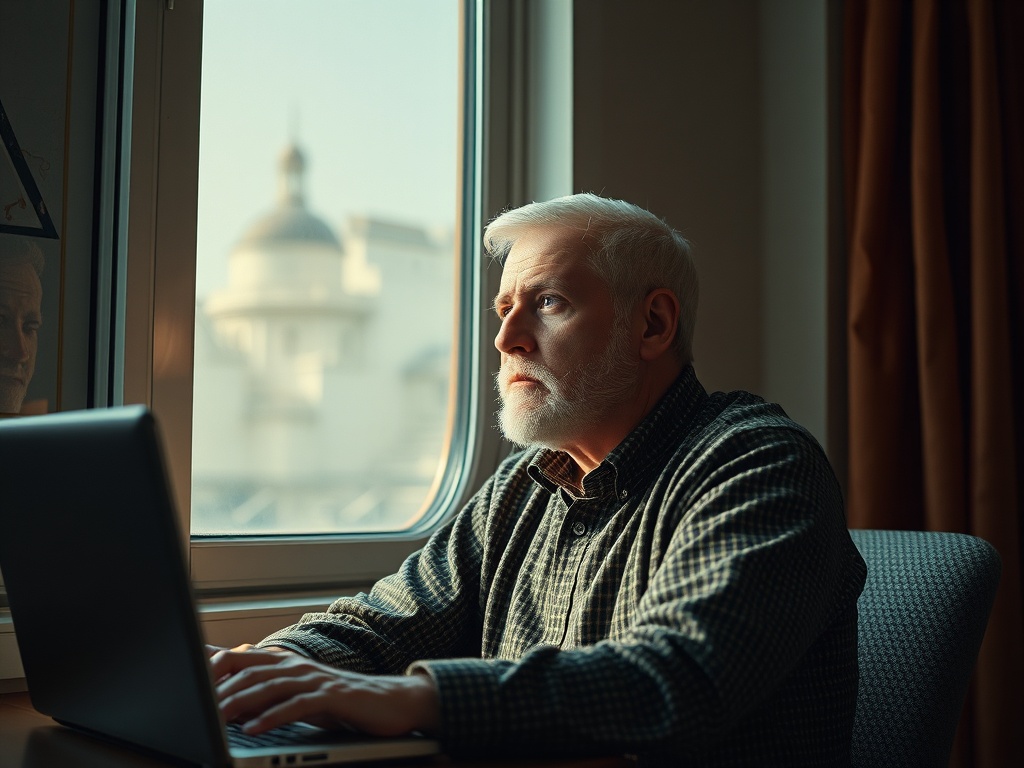 Пожилой мужчина с седой бородой работает за ноутбуком, смотря в окно на улицу.