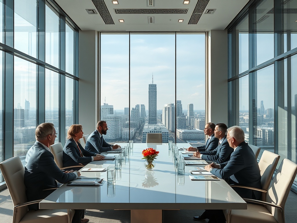 Шестеро бизнесменов на совещании в современном офисе с видом на город. Стеклянные стены, яркий свет.