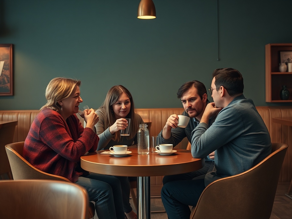 Четыре человека обсуждают что-то за столом в кафе, с чашками кофе и водой. Уютная атмосфера.