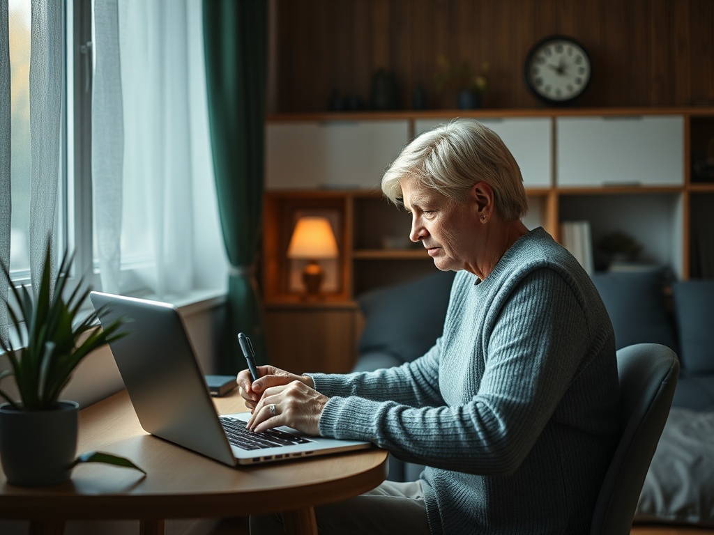 Пожилая женщина работает за столом с ноутбуком, записывая заметки в уютной комнате с окнами.