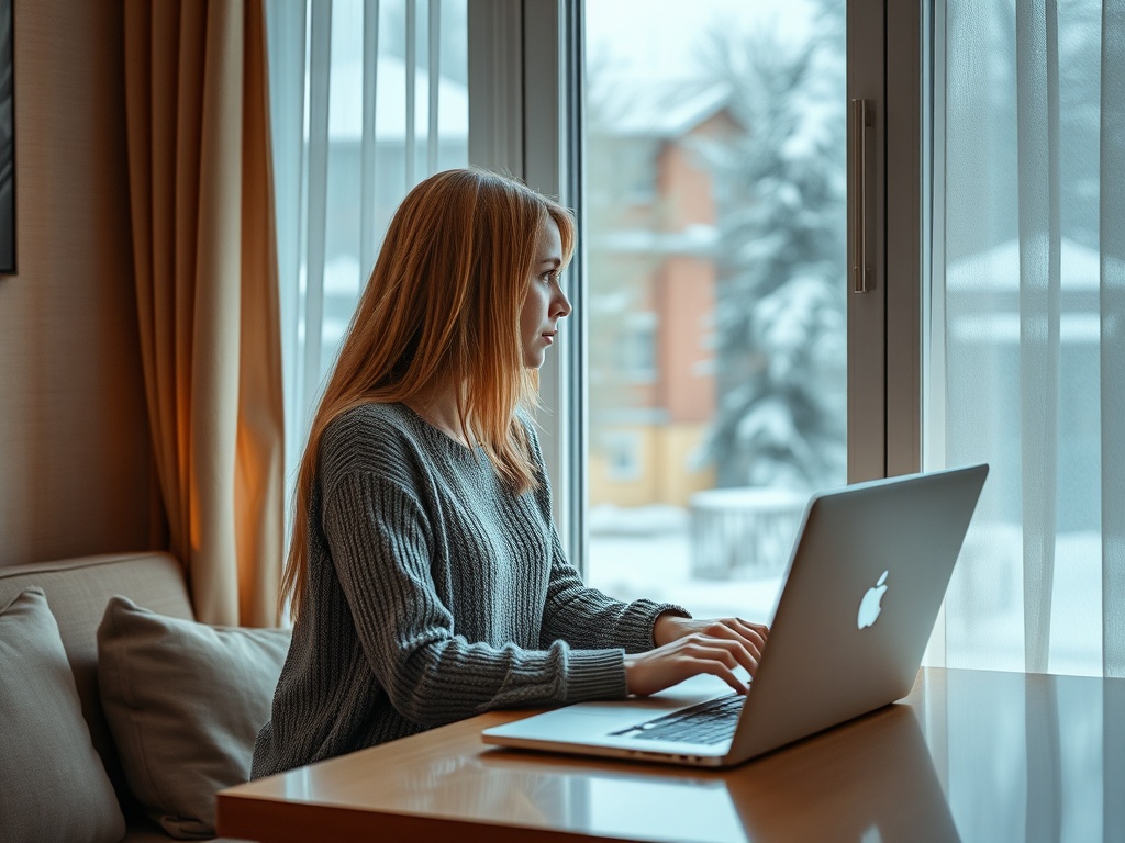 Девушка работает за ноутбуком у окна, за которым виден зимний пейзаж с снегом.