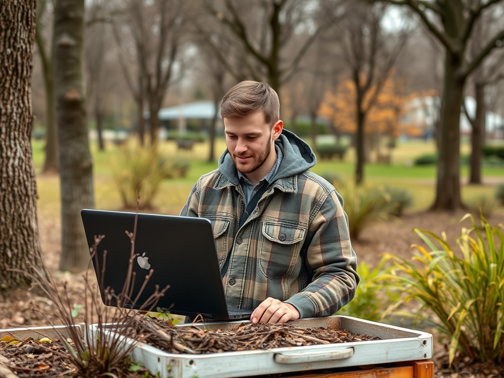 Молодой человек в клетчатой куртке работает на ноутбуке на фоне парка с деревьями и растениями.