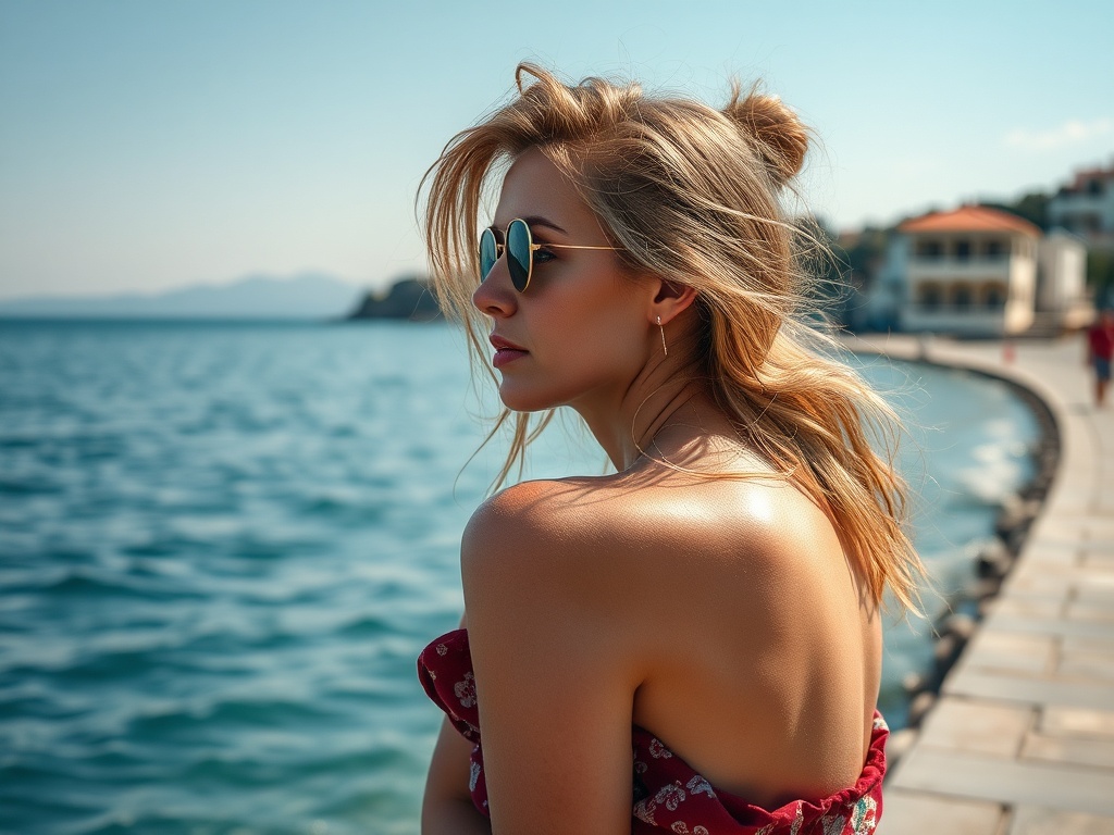 На фоне моря девушка в солнцезащитных очках наслаждается днем в летнем наряде.