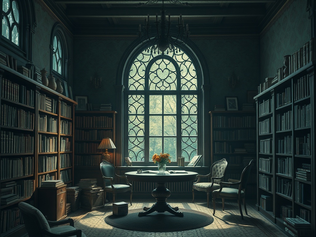 Уютная библиотека с книгами, столом и стульями, яркий свет через витражное окно.