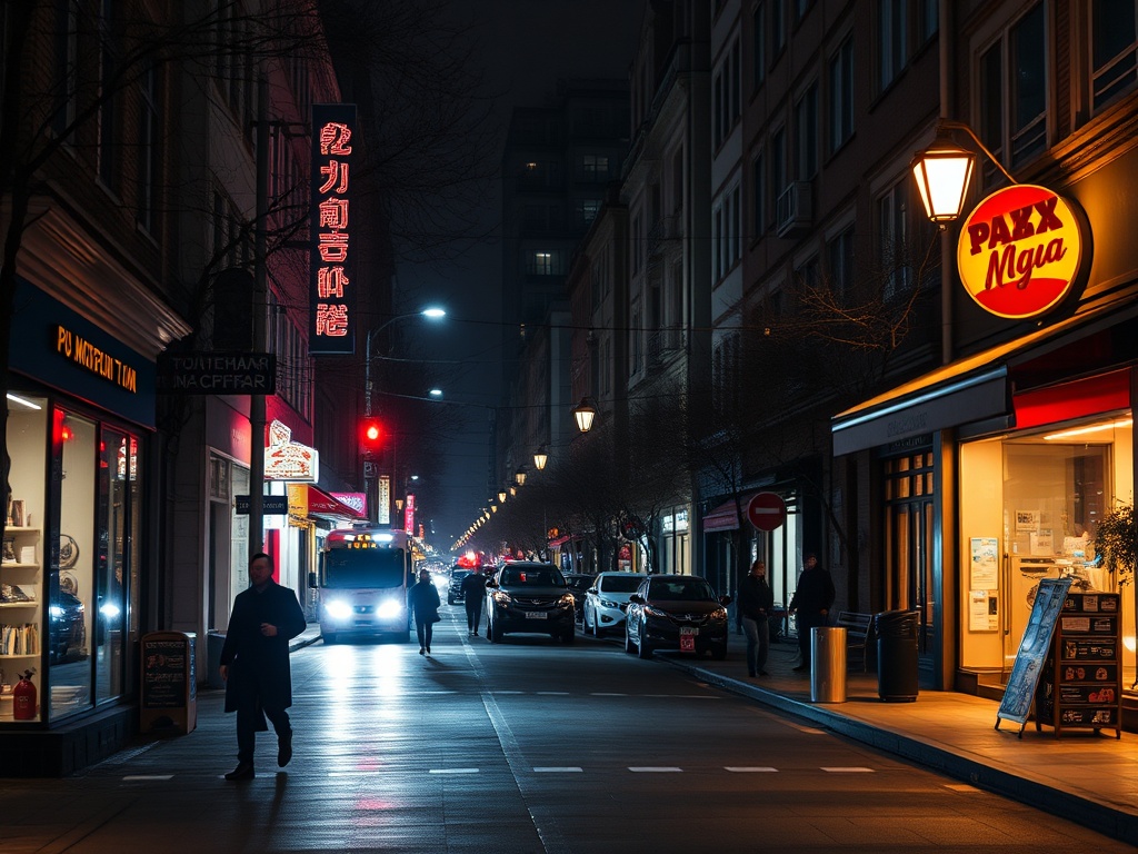 Ночной городской пейзаж с магазинами, автомобилями и людьми на улице, окруженной светом фонарей.