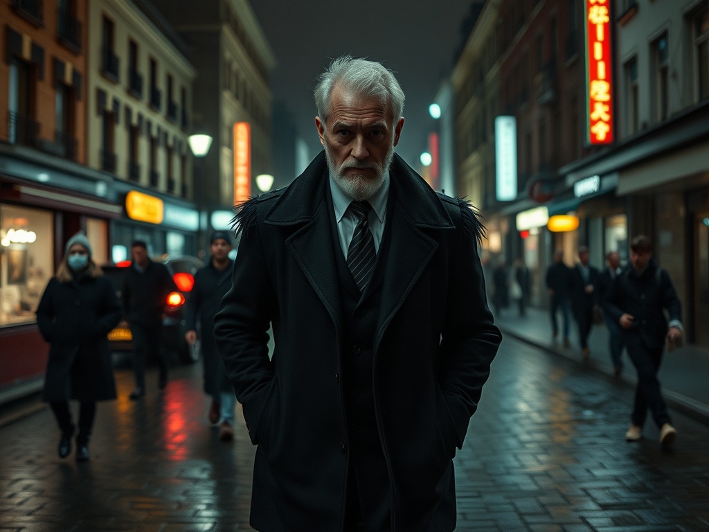На темной улице стоит пожилой мужчина в элегантном пальто, вокруг него прохожие в вечерний час.