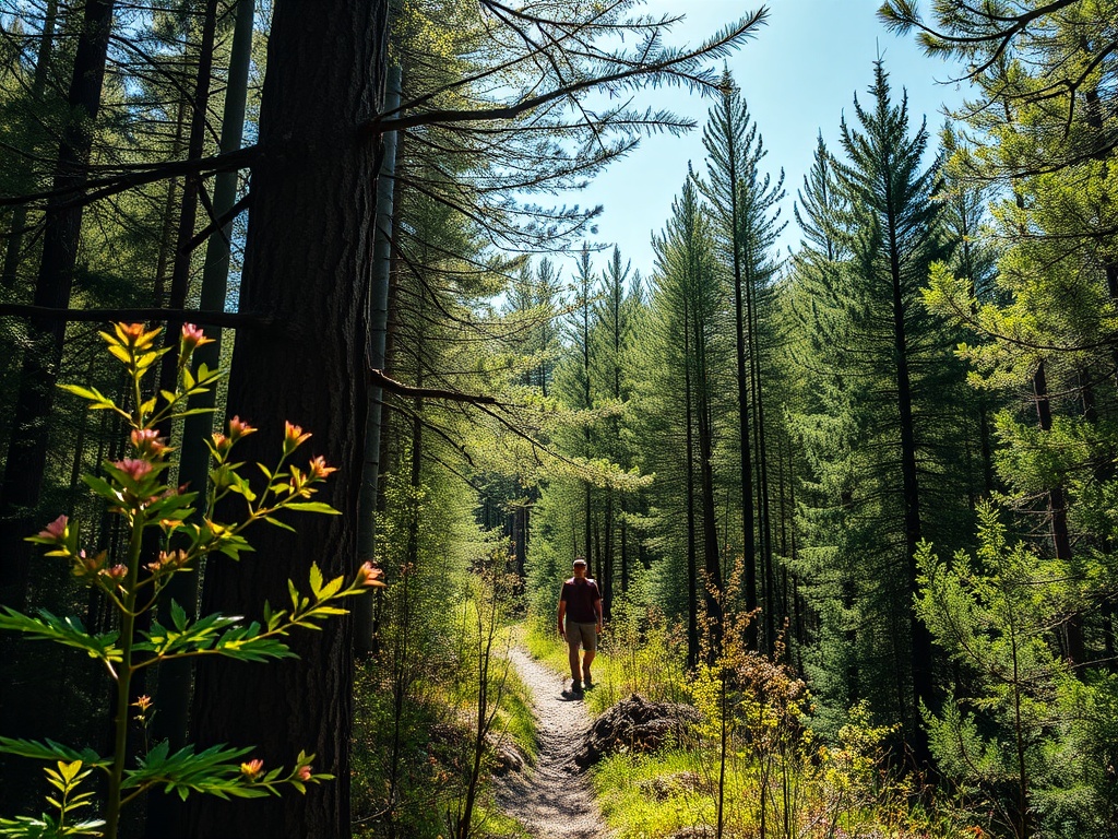 Человек идет по тропинке в лесу, окруженном зелеными деревьями и растениями, под ясным небом.