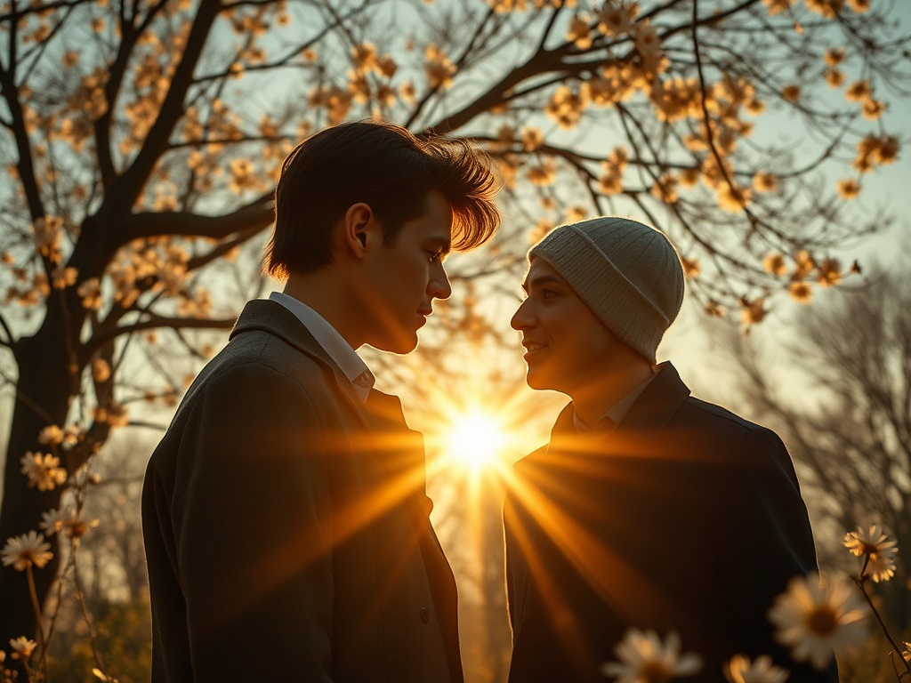 Два человека смотрят друг на друга на фоне цветущих деревьев и сияющего заката.