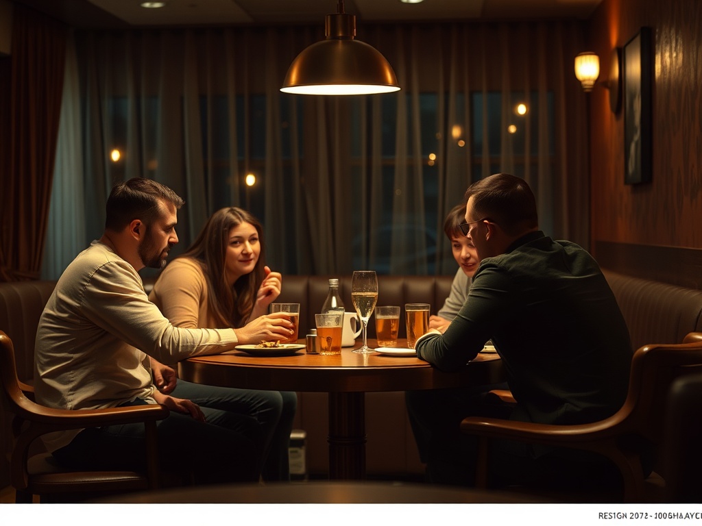 Четыре человека общаются за столом в уютном ресторане, у них напитки и закуски. Атмосфера дружеская.