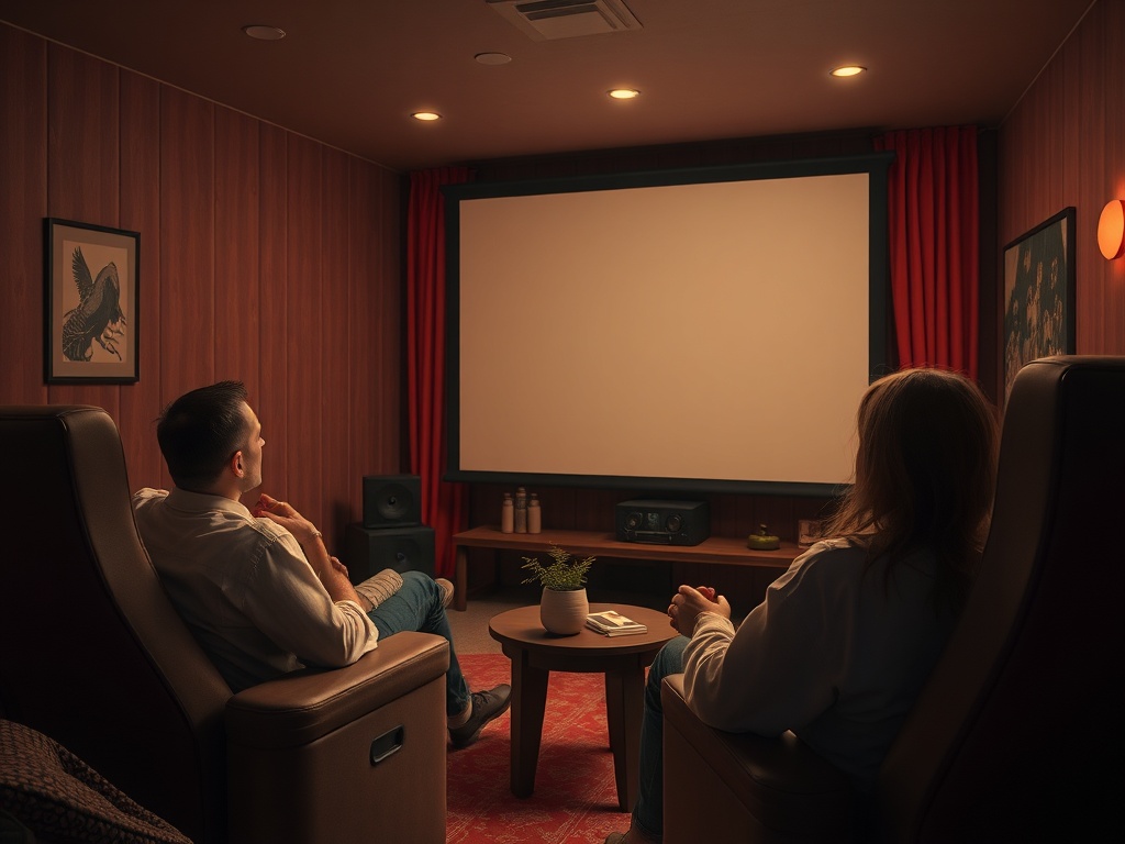 Два человека сидят в домашнем кинотеатре, смотрят на экран с закрылками. Уютная атмосфера.