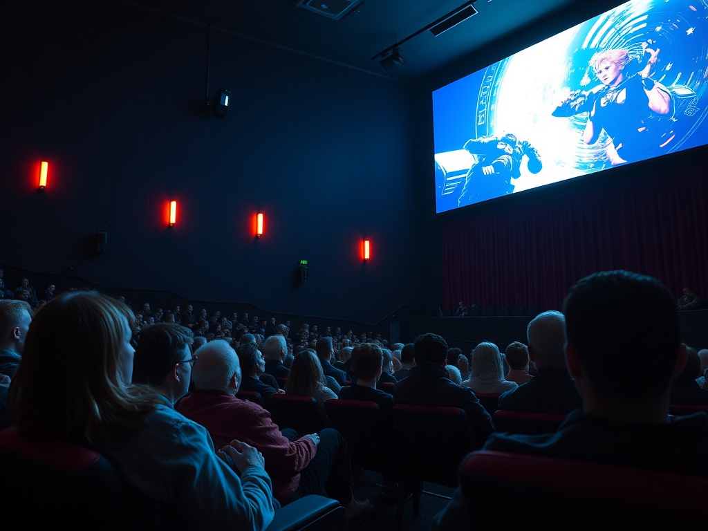Зрители в кинотеатре смотрят фильм на большом экране, вокруг темно, освещены красные огни.