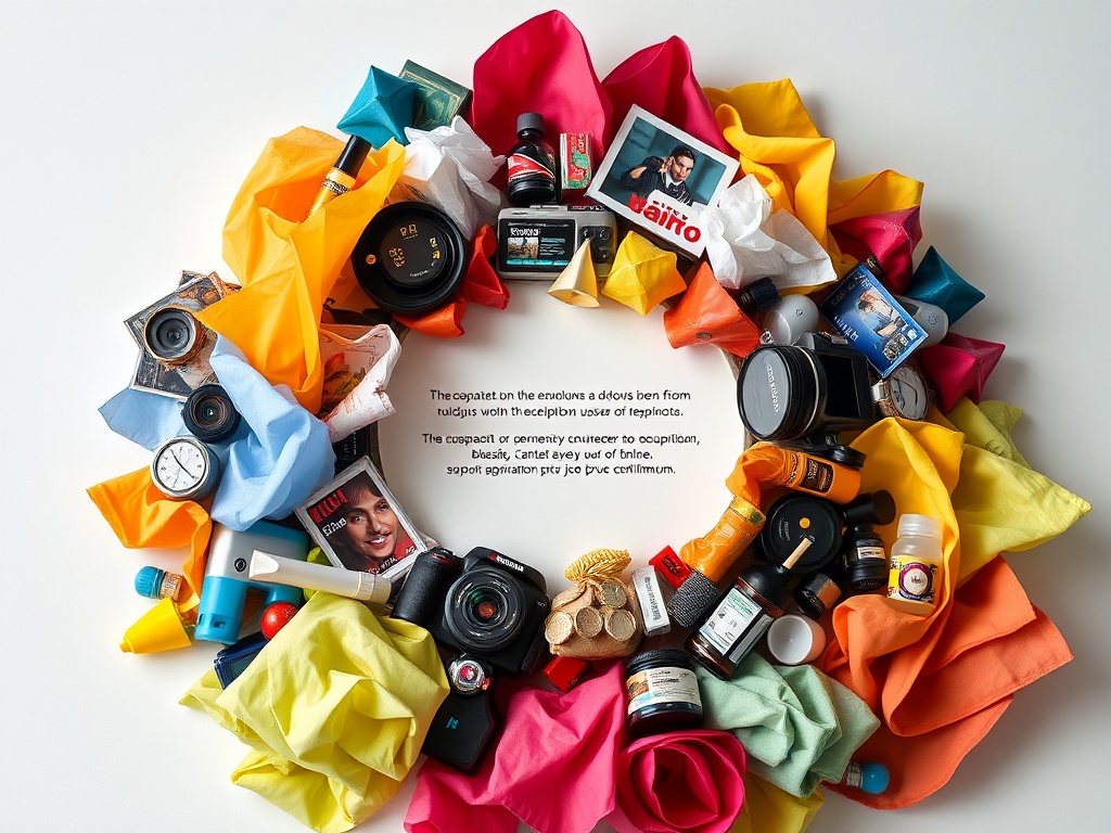 Изображение с фотоаппаратами и различными предметами, окружёнными яркими тканями. Креативная композиция.