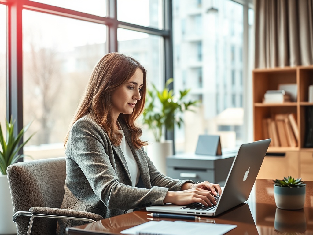 Женщина в офисе работает за ноутбуком, на столе стоят растения и офисная документация.