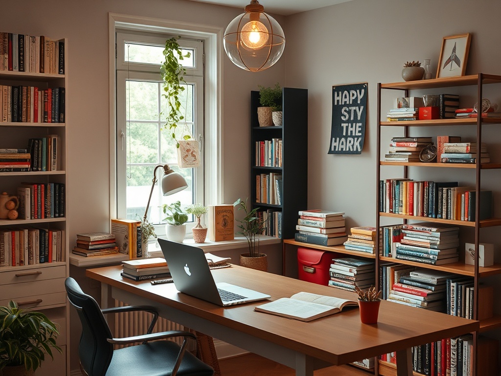 Уютный кабинет с книжными полками, столом, ноутбуком и растениями у окна. Светлая и вдохновляющая атмосфера.