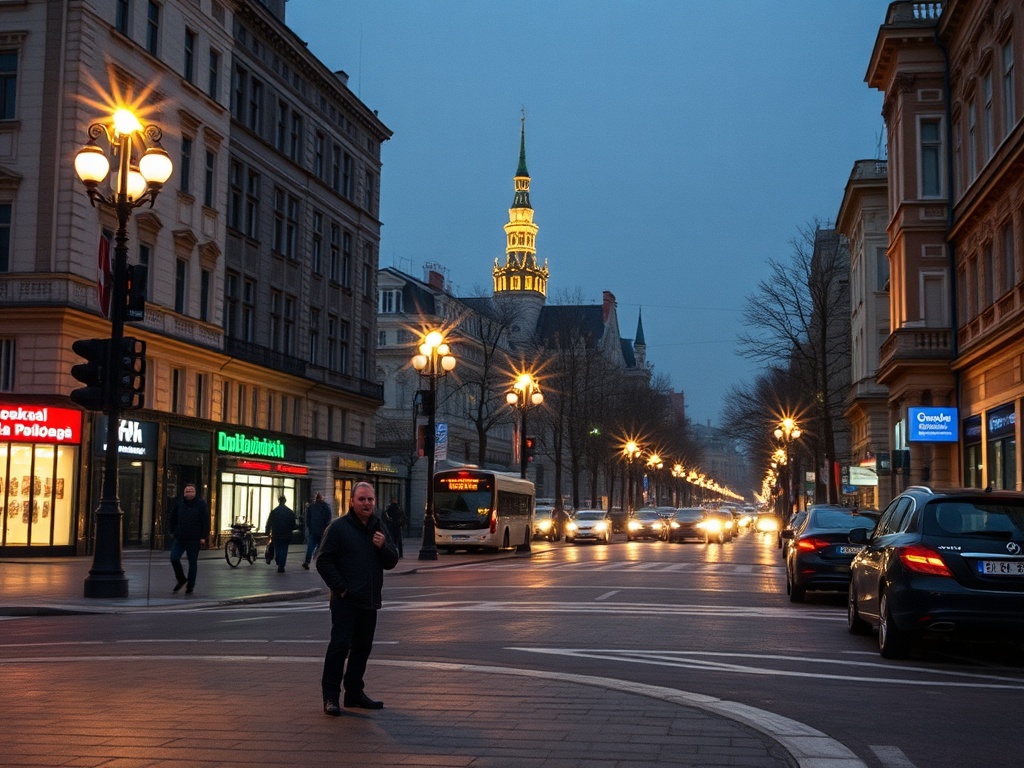 На улице в вечернее время, здания и машины на фоне освещенной башни и фонарей.