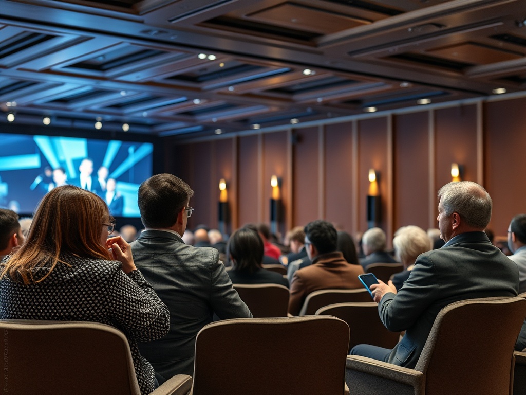 На конференции присутствуют участники, смотрящие на экран, многие с телефонами в руках.