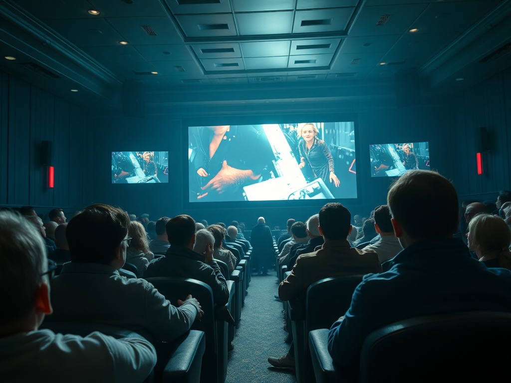 Зрители в кинотеатре смотрят фильм, на экране сцена с персонажем, взаимодействующим с окружающей средой.