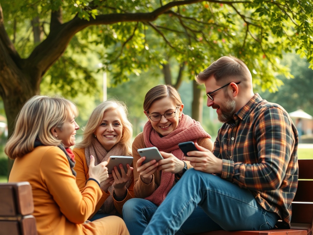 На скамейке сидят четверо друзей, увлеченно смотрящих в свои смартфоны на фоне зелёного парка.