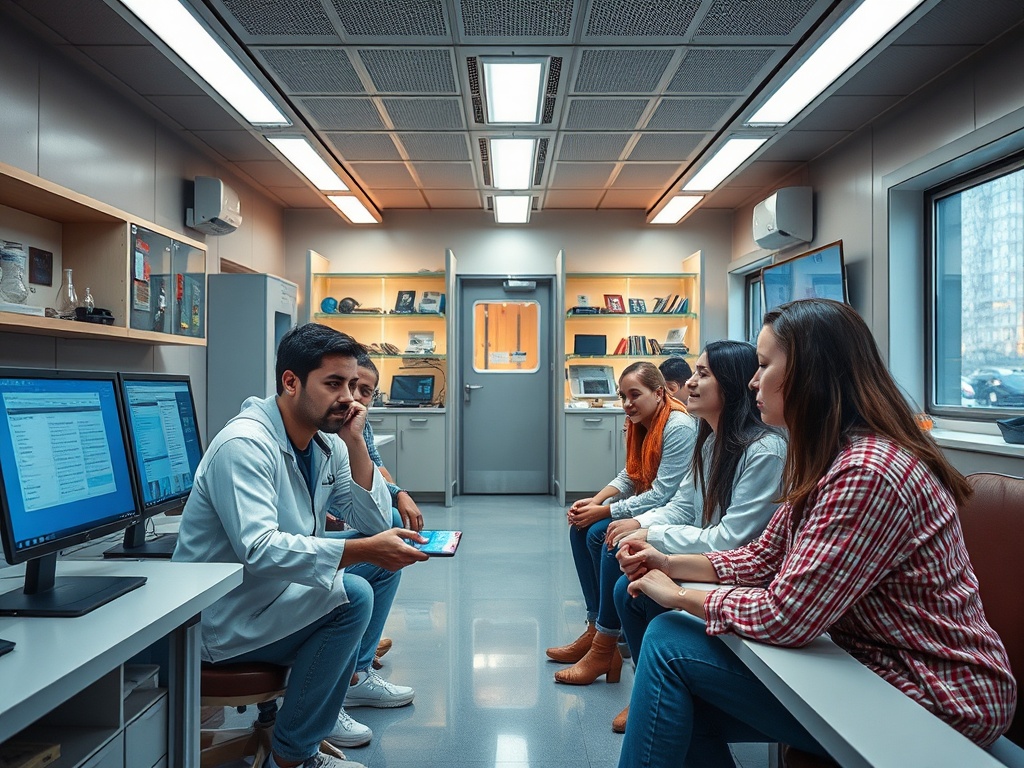 Врач общается с тремя пациентами в современном медицинском кабинете. На столе компьютеры.