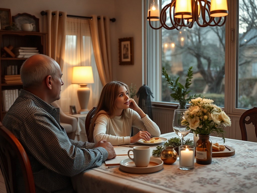 На ужине за столом мужчина и женщина общаются, вокруг уютная обстановка и романтическое освещение.