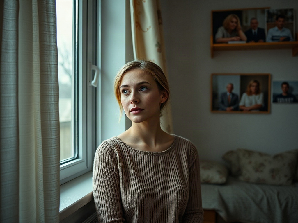 На изображении сидящая у окна девушка с blond волосами, смотрящая в сторону. На стенах висят фотографии.