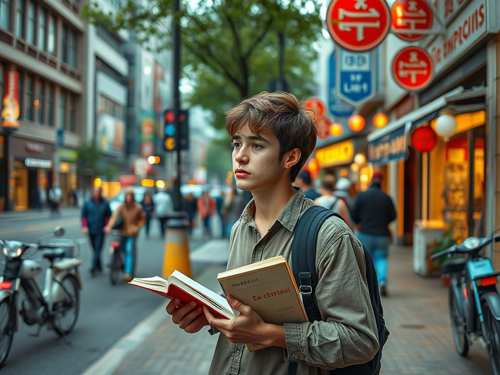 Парень с книгами стоит на улице, среди прохожих, деревья и магазины вокруг, вечерняя атмосфера города.